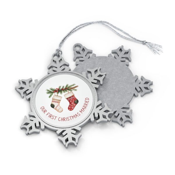 Pewter Snowflake Christmas Ornament — “Our First Christmas Married” Holiday Keepsake