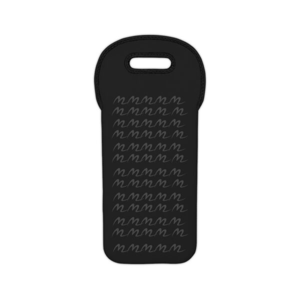 Black Neoprene Wine Tote Bag with Repeating Script Pattern — Insulated Bottle Carrier