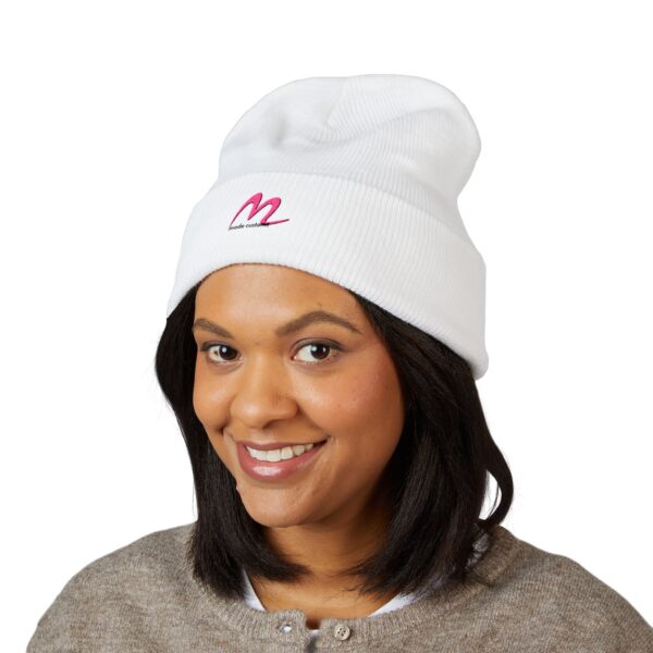 Embroidered 'M' Classic Cuffed Beanie — Cozy White Knit Hat