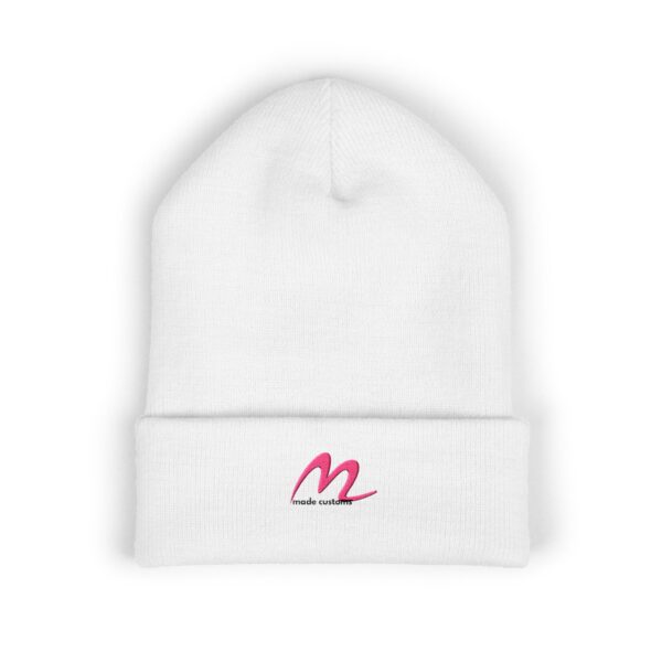 Embroidered 'M' Classic Cuffed Beanie — Cozy White Knit Hat