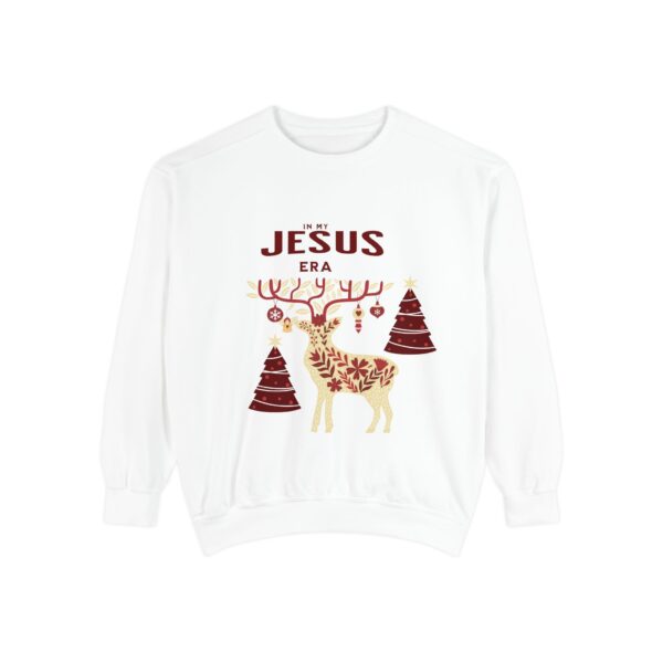 18429608060279210938_2048.jpeg Christian Christmas Sweatshirt — "The Jesus Era" Festive Reindeer Crewneck