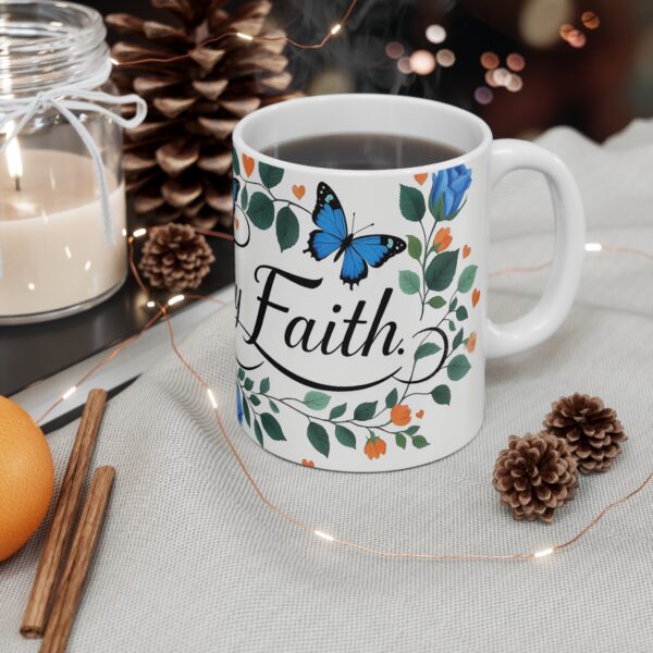 Walk by Faith Ceramic Mug — Blue Rose & Butterfly Inspirational Coffee Cup (11 oz)
