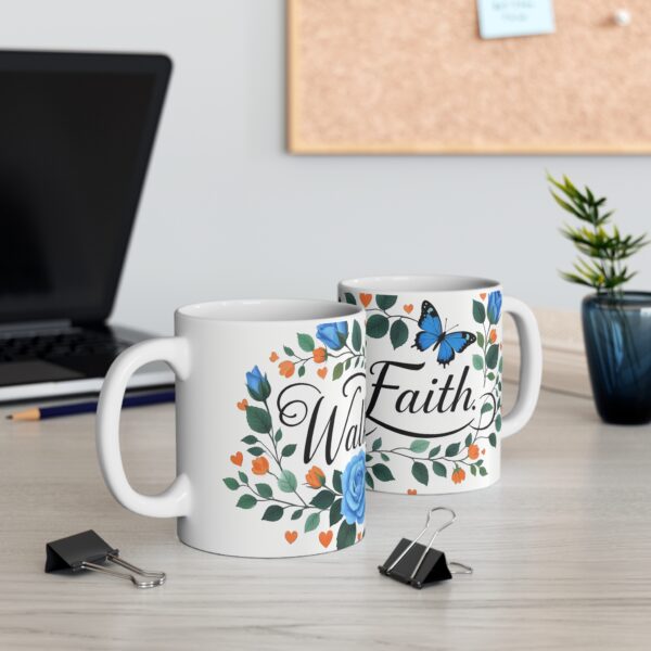 Walk by Faith Ceramic Mug — Blue Rose & Butterfly Inspirational Coffee Cup (11 oz)